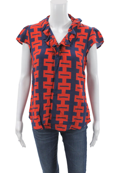 Elizabeth McKay Women Tunic Blue Silk V Neck Short Sleeve Geometric Size 6