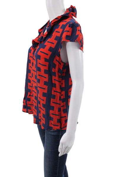 Elizabeth McKay Women Tunic Blue Silk V Neck Short Sleeve Geometric Size 6