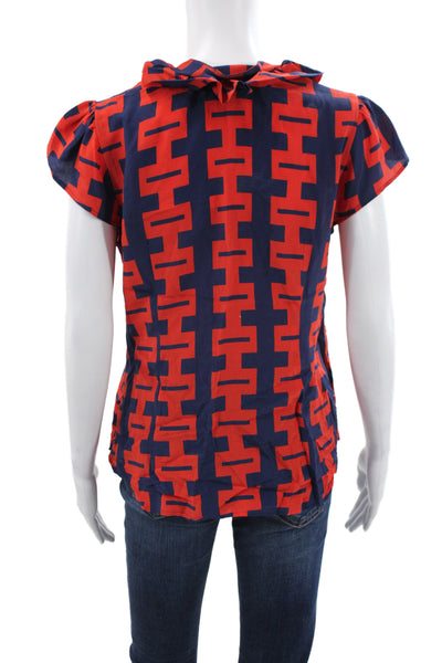 Elizabeth McKay Women Tunic Blue Silk V Neck Short Sleeve Geometric Size 6