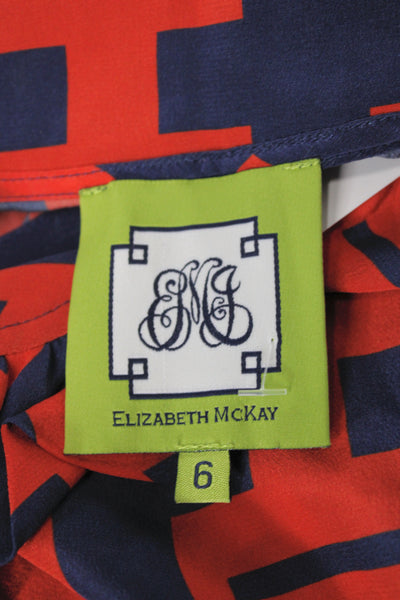 Elizabeth McKay Women Tunic Blue Silk V Neck Short Sleeve Geometric Size 6