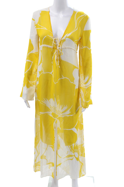 Echo Womens Maxi Dress Yellow Silk V-Neck Tie Mid-Calf Long Sleeve Size S