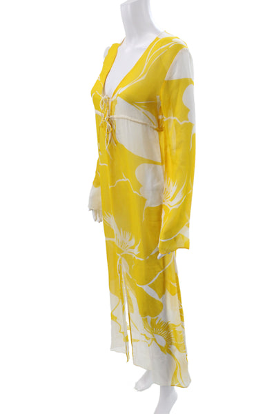 Echo Womens Maxi Dress Yellow Silk V-Neck Tie Mid-Calf Long Sleeve Size S