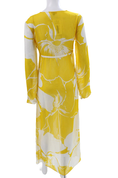 Echo Womens Maxi Dress Yellow Silk V-Neck Tie Mid-Calf Long Sleeve Size S