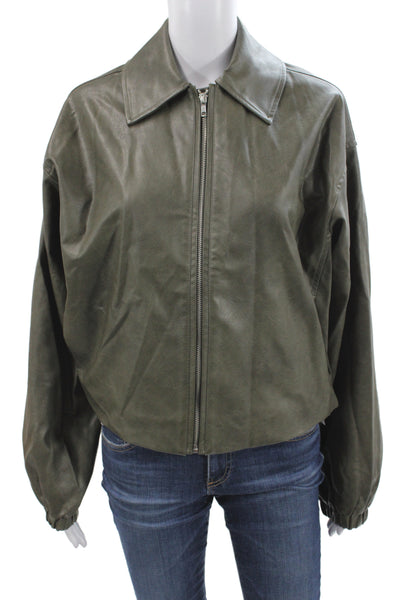 Elan Womens Bomber Jacket Green Polyurethane Zip Fall Casual Size XS