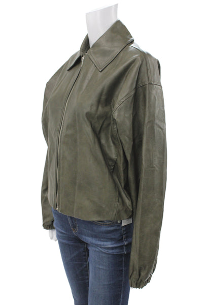 Elan Womens Bomber Jacket Green Polyurethane Zip Fall Casual Size XS
