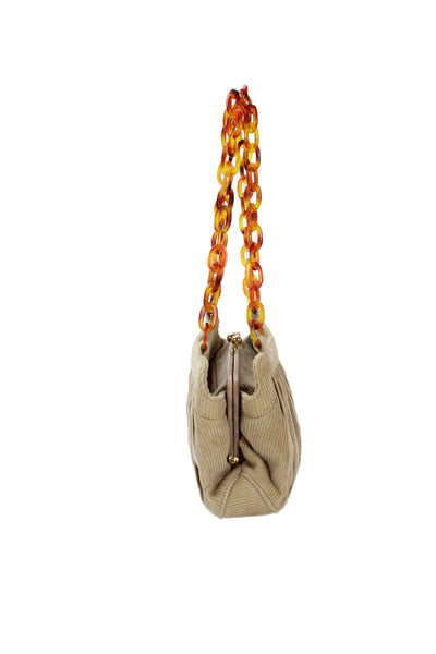 Lulu Guinness Womens Corduroy Toggle Closure Shoulder Handbag Beige