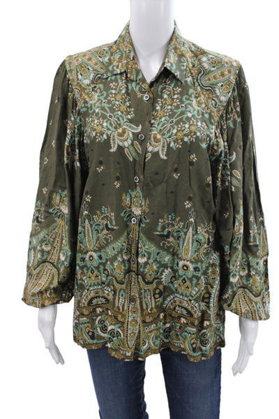 Paul & Joe Women Tunic Blouse Green Paisley Collared Viscose Long Sleeve Size 4