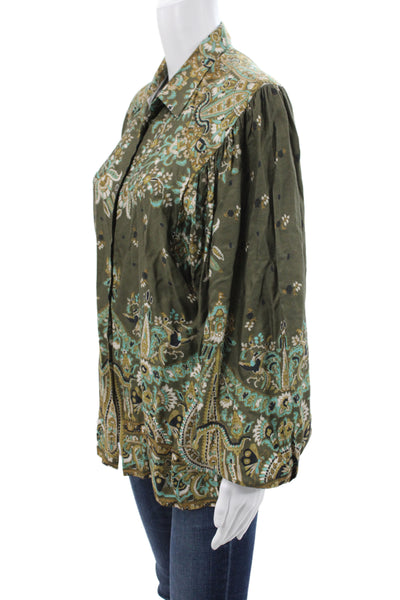 Paul & Joe Women Tunic Blouse Green Paisley Collared Viscose Long Sleeve Size 4