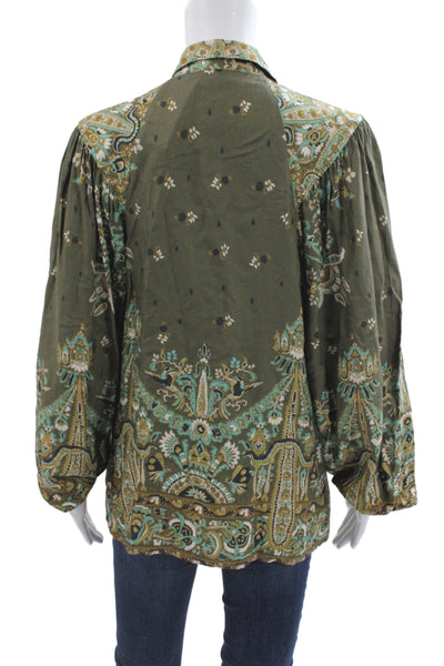 Paul & Joe Women Tunic Blouse Green Paisley Collared Viscose Long Sleeve Size 4