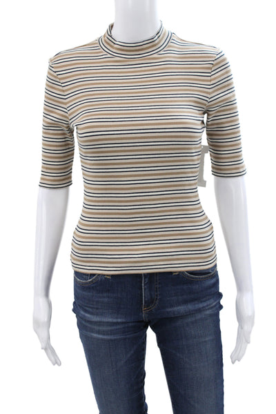 Frame Women Basic Striped Mock Neck 3/4 Sleeve Cotton T-Shirt Beige Size XS