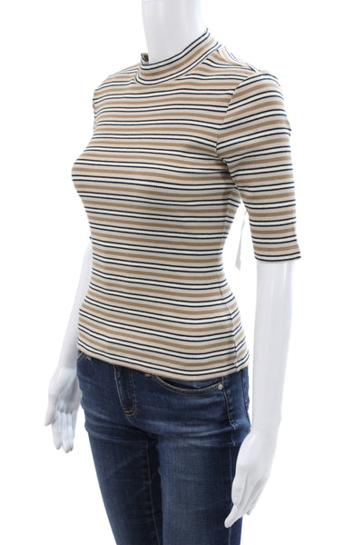 Frame Women Basic Striped Mock Neck 3/4 Sleeve Cotton T-Shirt Beige Size XS