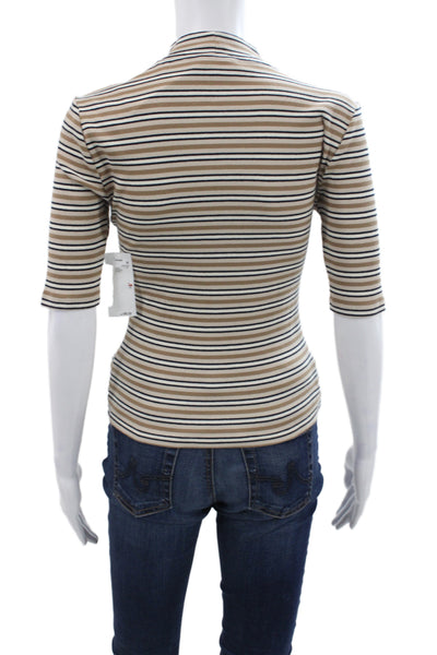 Frame Women Basic Striped Mock Neck 3/4 Sleeve Cotton T-Shirt Beige Size XS