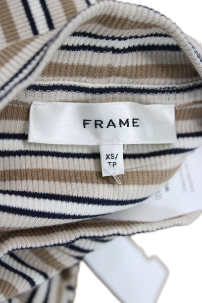 Frame Women Basic Striped Mock Neck 3/4 Sleeve Cotton T-Shirt Beige Size XS