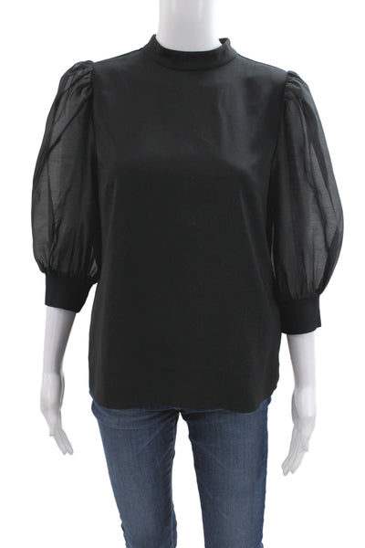 Ted Baker London Women Black Basic Blouse Mock Neck Long Sleeve Button Size 2