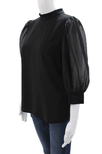 Ted Baker London Women Black Basic Blouse Mock Neck Long Sleeve Button Size 2