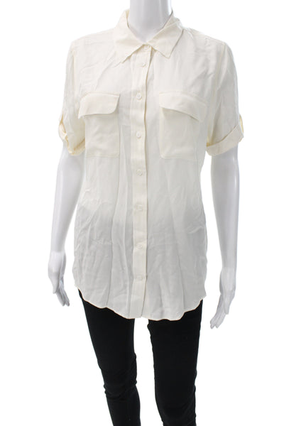 Equipment Femme Womens Silk Collared Short Sleeve Blouse Ivory Button Size M