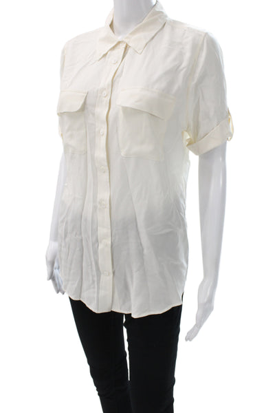 Equipment Femme Womens Silk Collared Short Sleeve Blouse Ivory Button Size M