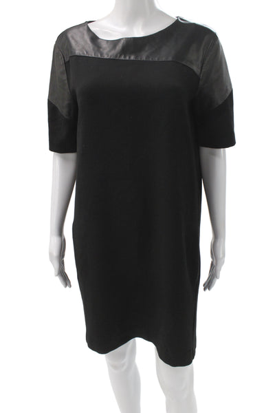 Maje Womens Black Shift Dress Leather Trim Short Sleeve Round Neck Size 3