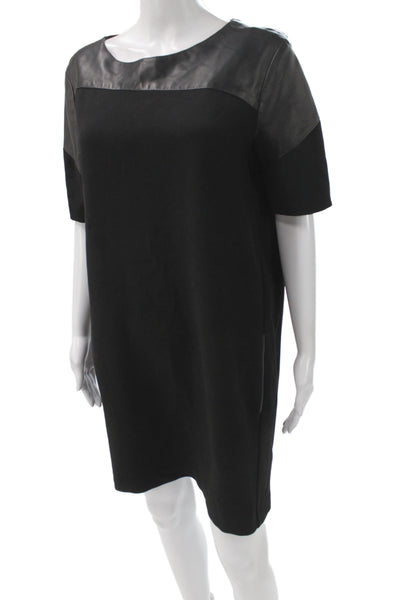Maje Womens Black Shift Dress Leather Trim Short Sleeve Round Neck Size 3