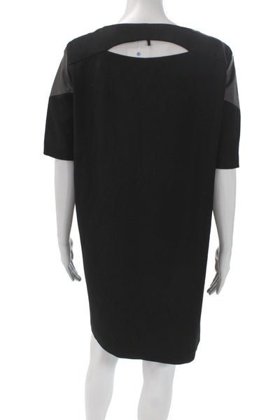 Maje Womens Black Shift Dress Leather Trim Short Sleeve Round Neck Size 3