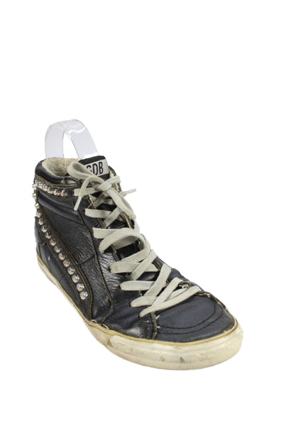 Golden Goose Women's Slide Lace-Up Leather Studs High Top Sneakers Black Size 7
