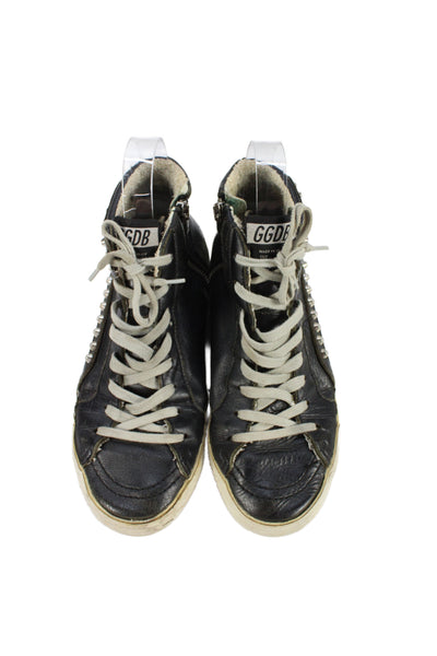 Golden Goose Women's Slide Lace-Up Leather Studs High Top Sneakers Black Size 7