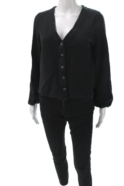 Madewell Women Black V-Neck Cotton Cardigan Long Sleeve Size M