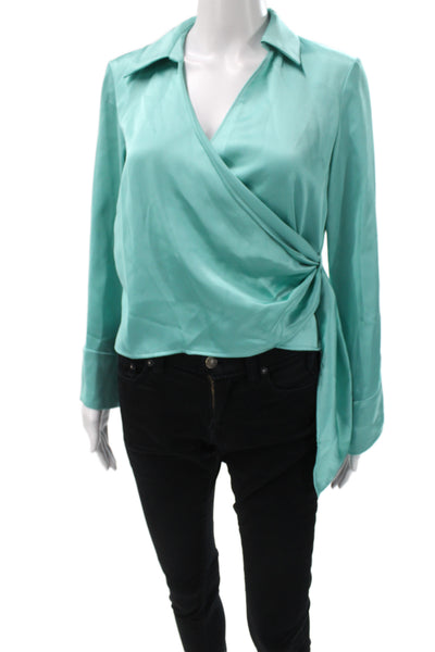 Zara Women Basic Blouse Green Collared Long Sleeve Polyester Size XS