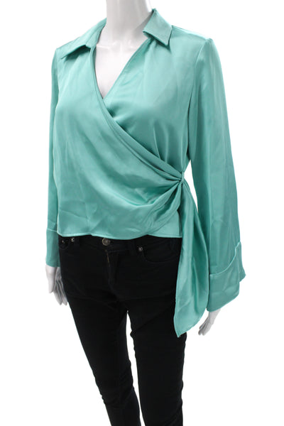 Zara Women Basic Blouse Green Collared Long Sleeve Polyester Size XS