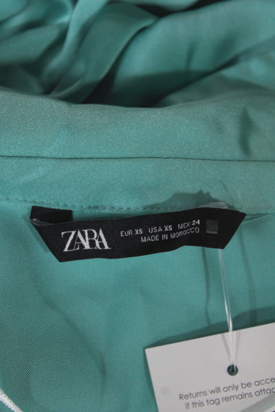 Zara Women Basic Blouse Green Collared Long Sleeve Polyester Size XS