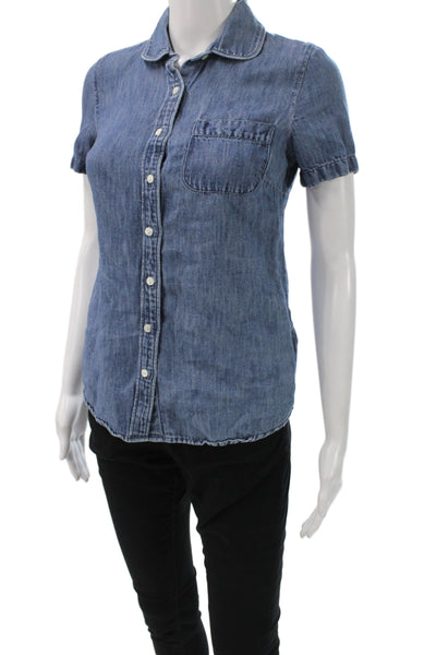 J Crew Womens Indigo Denim Short Sleeve Collared Button-Up Top Size 00