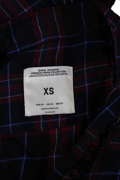 Zara Woman Womens Basic Button-Up Red Plaid Cotton Collared Long Sleeve Size XS