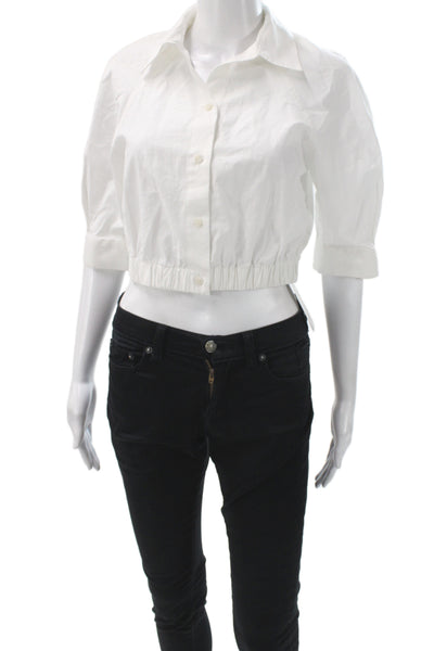 Zara Women Cropped Cotton Collared Button Up Short Sleeve White Top Size XS