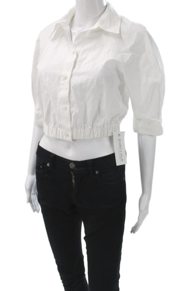 Zara Women Cropped Cotton Collared Button Up Short Sleeve White Top Size XS