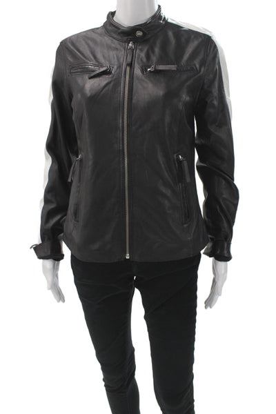 C'est Fini Women Biker Leather Jacket Black Striped Zip Long Sleeve Size XS