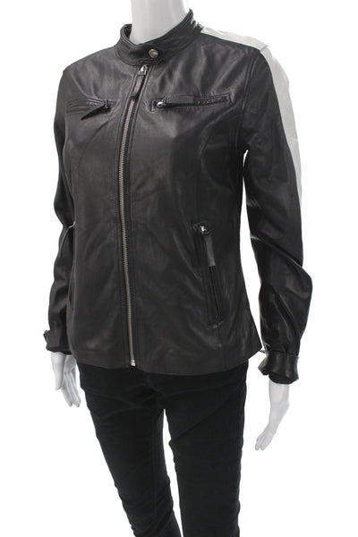 C'est Fini Women Biker Leather Jacket Black Striped Zip Long Sleeve Size XS