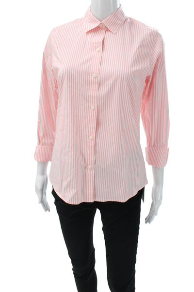 Untuckit Women Striped Collared Button-Up Shirt Pink 3/4 Sleeve Cotton Size 2