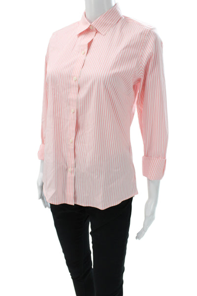 Untuckit Women Striped Collared Button-Up Shirt Pink 3/4 Sleeve Cotton Size 2