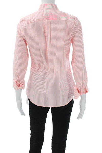 Untuckit Women Striped Collared Button-Up Shirt Pink 3/4 Sleeve Cotton Size 2