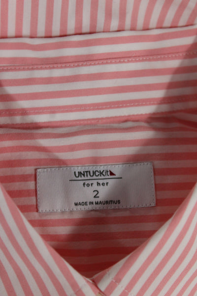 Untuckit Women Striped Collared Button-Up Shirt Pink 3/4 Sleeve Cotton Size 2