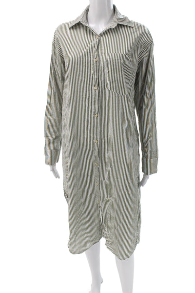 Donni Womens Shirt Dress Green Striped Cotton Long Sleeve Midi Button Size XS