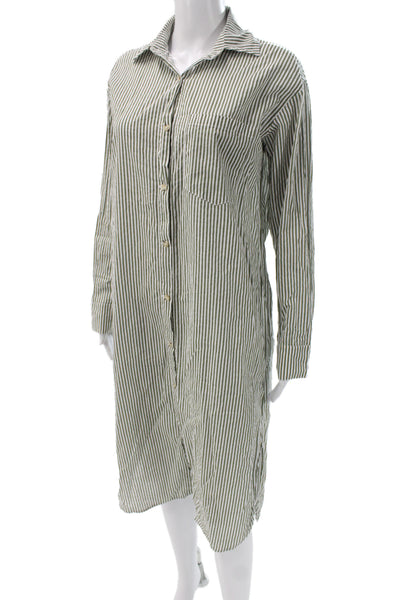 Donni Womens Shirt Dress Green Striped Cotton Long Sleeve Midi Button Size XS