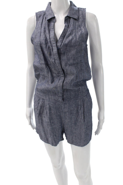 Joie Women Sleeveless Collared Linen Romper Blue Button Summer Size XS