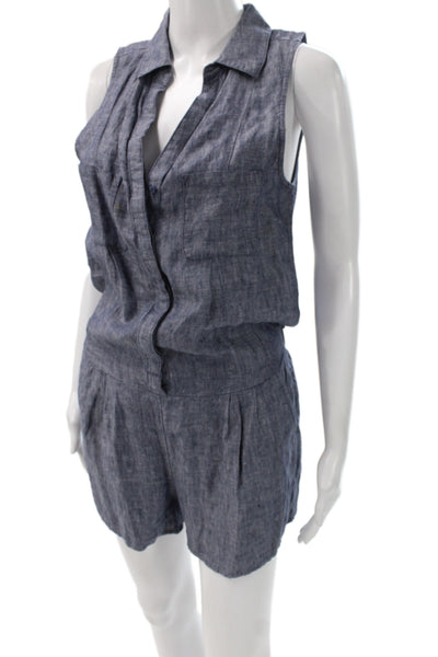 Joie Women Sleeveless Collared Linen Romper Blue Button Summer Size XS