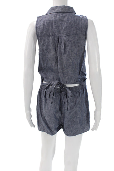 Joie Women Sleeveless Collared Linen Romper Blue Button Summer Size XS