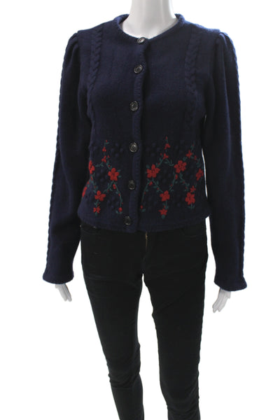 EENK Womens Blue Wool Floral Cardigan Long Sleeve Round Neck Size S