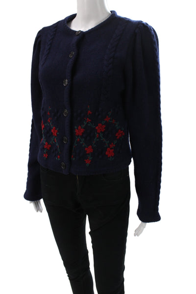 EENK Womens Blue Wool Floral Cardigan Long Sleeve Round Neck Size S
