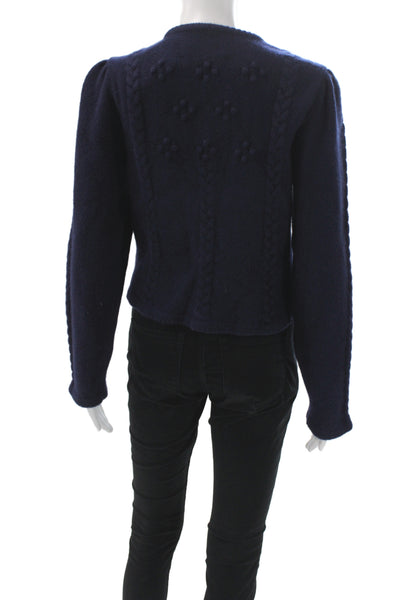 EENK Womens Blue Wool Floral Cardigan Long Sleeve Round Neck Size S