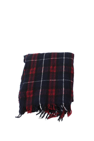 Isabel Marant Womens Wool Plaid Print Frayed Hem Scarf Red Navy 80" X 34"