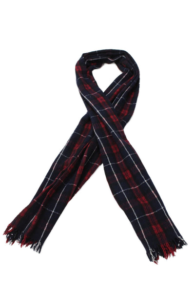 Isabel Marant Womens Wool Plaid Print Frayed Hem Scarf Red Navy 80" X 34"